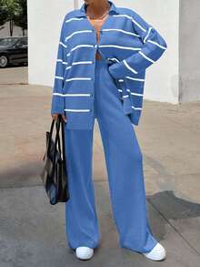 EURMUSE Women Striped Sweater Cardigan And Pant Set - Royal Blue - View 3