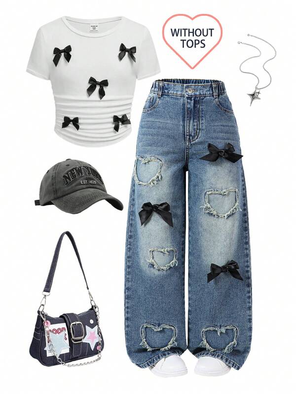 Teen Girl Retro Fashion Street Style Elastic Waist Button Front Black Bow Decor Love Patch Embroidered Wide Leg Denim Pants Fall Winter