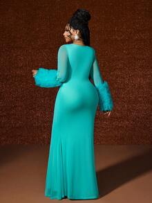 Maweii Váy đuôi cá hở lưng lưới khoét lỗ thanh lịch gợi cảm cỡ lớn - màu xanh lá - Xem 3