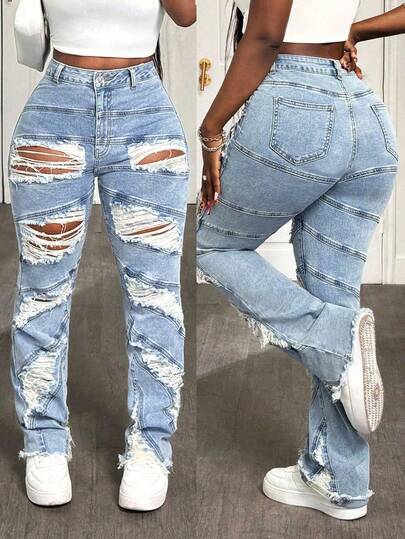 SHEIN SXY Winter Plus Size Women Ripped Jeans, Cowgirl For Summer, Spring For Women