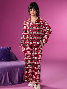 Betty Boop x SHEIN 大码舒适印花长袖上衣和裤子睡衣套装，秋冬服装 - 紅色 - 查看 3