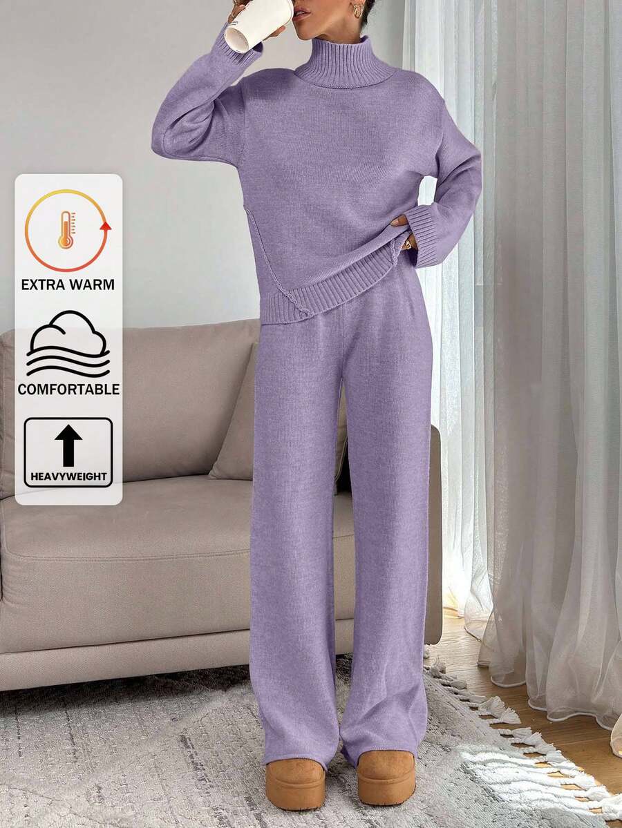 EURMUSE Women Relaxed Fit Turtle-Neck Sweater With Rib Knit Detailed And Straight Knit Pant Set,Co Ord,Winter Clothes - Lilac Purple - View 1
