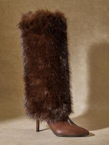 SHUZIA Women's Pointy Toe High Heel Fluffy Fur Knee High Boots - Brown - View 1
