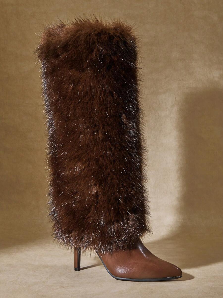 SHUZIA Botas altas hasta la rodilla con puntera puntiaguda, tacón alto y piel esponjosa para mujer - Marrón - Ver 1