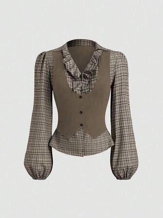 Sweetra Women's Retro 2 In 1 Plaid Patchwork Long Sleeve Shirt Blouse, Stylish Design, Spring/Autumn