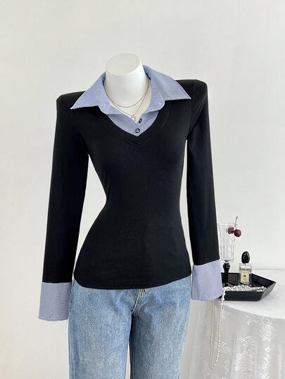 Elamini 女士休闲合身针织条纹衬衫