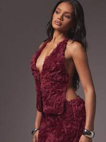 Hauture 女式性感3D花卉玫瑰花装饰晚会露背上衣 - 中紫紅色 - 查看 5