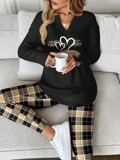 SHEIN LUNE 2pcs Women Autumn/Winter Comfortable Lounge Sleepwear Set - Long Sleeve V-Neck Loose Heart & Leopard Print T-Shirt And Plaid Tight Leggings