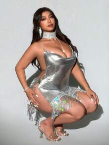 Viva Relle 性感派对晚会优雅垂坠领口亮片流苏水钻链条加大码吊带裙 - 銀色 - 查看 3