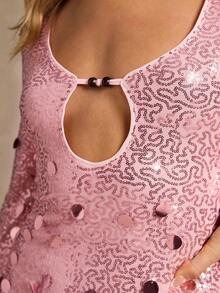 Glamine 女士优雅复古闪亮珍珠吊带裙 - 杏色 - 查看 5