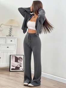 SHEIN EZwear 秋冬女士休闲纯色宽肩带开衫和抽绳腰喇叭裤两件套 - 灰色 - 查看 5