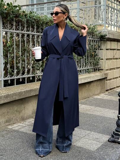 Abrigos de unicolor, de tela ligera tejida, con frente abierto, con cinturón