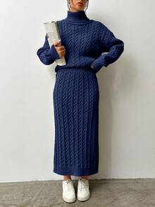 EURMUSE 2pcs Women High Neck Dropped Shoulder Long Sleeve Casual Sweater Set,Petite Co Ord,Co Ord,Petite,Winter Clothes - Navy Blue - View 4