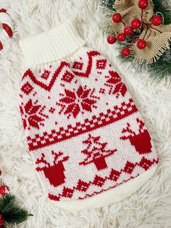 PETSIN 1 peça suéter de Natal para animais de estimação, gato e cachorro, universal, branco, vermelho, alce, feltro, padrão de ilha, jacquard, moda clássica, elástico, confortável, gola alta, suéter quente para cães