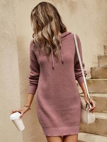 RueChic Drop Shoulder Drawstring Hooded Sweater Dress - Pink - View 6