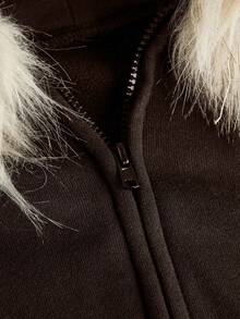 SHEIN ICON Women's Casual Retro Fitted Fur Collar Hooded Regular Jacket Autumn Winter Clothes For Women