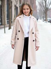 SHEIN Tween Girls Lapel Neck Drop Shoulder Double Breasted Dual Pocket Overcoat, Late Fall Casual Double Button, Pocket Drop Shoulder Lapel Regular Fit Beige Plain Overcoats, Casual Daily Wear Girl Coat Tween Dress Coat Fall Coat For Tween Girls Girl Winter Clothes - Apricot - View 11