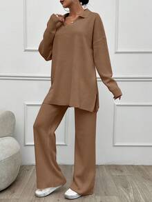 SHEIN Tall 2pcs/Set Solid Color Turn-Down Collar Sweater And Long Pants Outfit,Petite,Winter Clothes - Camel - View 5