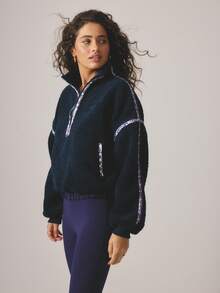 Aralina 休闲服秋冬半拉链花卉印花蓬松羊毛夹克，带内部拉绳，健身房锻炼舒适机场服装 - 寶藍色 - 查看 2