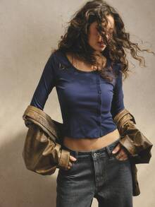 Aralina Women's Casual Asymmetrical Long Sleeve Top With Buttons Perfect For Fall/Winter Going Out Top