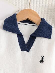 Souflis Souflis 2 pièces Ensemble pull, Pull élégant de style français tricoté avec blocs de couleurs et mignon lapin brodé + Jupe tricotée - Bleu marine - Voir 3