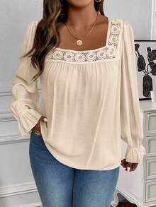 EMERY ROSE Blusa de manga larga con cuello cuadrado elegante y de moda para mujer de talla grande - Albaricoque - Ver 5