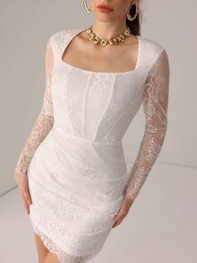 Poshira 高端法式复古优雅白色蕾丝荷叶边腰身长袖连衣裙 - 白色 - 查看 7