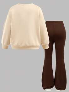 SHEIN 2 Stücke/Set Tween Mädchen Oversized Lässig Einfarbig Khaki Buchstaben Muster Langarm Sweatshirt und weite Hose 2 Stücke Set, Rückkehr zur Schule