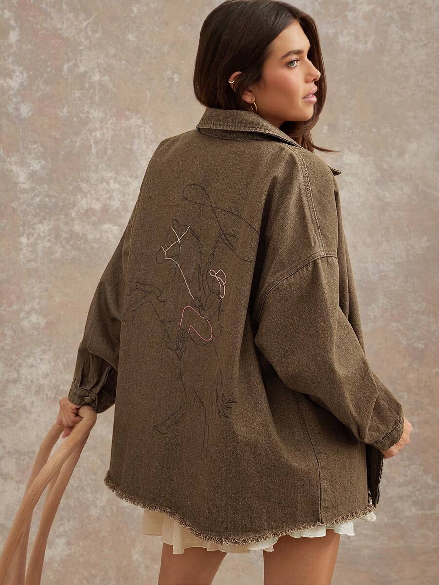 WESTFADE Collared Zip Front Bucking Horse Rodeo Cowgirl Graphic Print Cotton Denim Shirt Jacket Shacket Fall Autumn Winter Western Wear For Women, Nashville Country Concert, Boho, Casual Cute