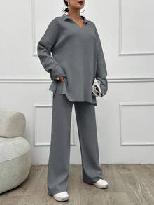 SHEIN Tall طقم من قطعتين/مجموعة بلون موحد كنزة بياقة مطوية وبنطال طويل للنساء الطويلات - رمادي فاتح - مشاهدة 3
