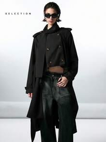 LYSMO 女士休闲双排扣纯色风衣，秋季女士未来主义时尚前卫风 - 黑色 - 查看 4