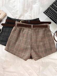 Franclia 复古时尚百搭格子羊毛混纺西装外套配腰带短裤，秋冬休闲短裤 - 彩色 - 查看 2