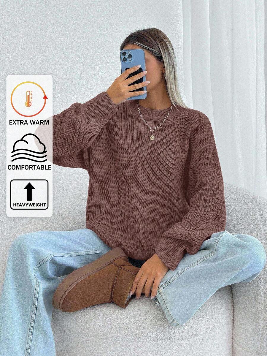 EURMUSE Women Solid Color Round Neck Drop Shoulder Chunky Pullover - Rusty Rose - View 1