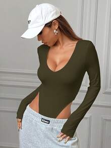SHEIN EZwear 女士橄榄绿色针织紧身衣 - 軍綠色 - 查看 4