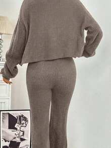 SHEIN EZwear 秋冬女士休闲纯色宽肩带开衫和抽绳腰喇叭裤两件套 - 咖啡棕 - 查看 7