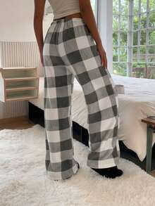 SHEIN EZwear Women's Tie-Waist Fluffy Plaid Print Casual Wide Leg Baggy Pants Comfy Pants Checkered Pants Pajama Pants Gingham Pants Plaid Pants Loungewear,Fall,Fall Clothes For Women - Grey - View 2
