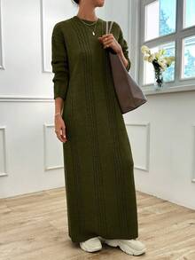 EURMUSE Vestido suéter de cuello redondo con caída de hombros y patrón de cable - Verde Oscuro - Ver 6