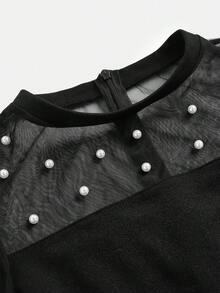 Pitira 少女针织撞色网眼串珠圆领长袖连体裤 - 黑色 - 查看 3