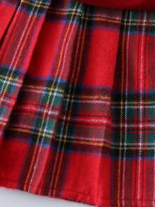 2件套幼儿女童舒适学校/派对套装，罗纹背心和格子领长袖上衣搭配百褶裙，活力四射