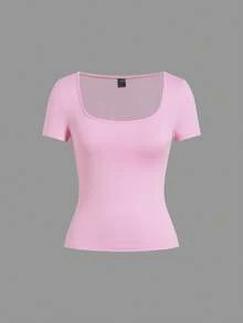 SHEIN EZwear Bộ 5 áo thun nữ cổ tròn tay ngắn màu trơn, kiểu dáng cơ bản, nhiều màu - Hồng - Xem 11