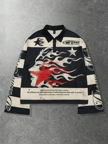 ROMWE MEN Street Life Men's Printed Long Sleeve Striped Polo Collar T-Shirt, College Style Top - Multicolor - View 4