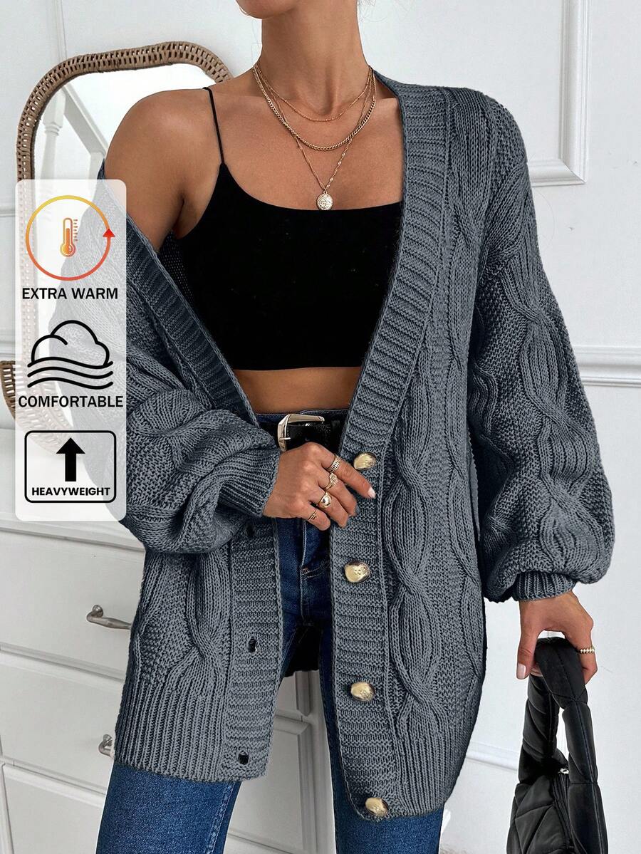 EURMUSE Cárdigan oversize de mujer con detalles de punto de cable - Gris Oscuro - Ver 1