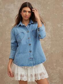 WESTFADE Heart Pocket Collared Button Front Cotton Blend Denim Shirt Jacket Shacket Cute Fall Tops, Autumn, Winter, Casual, Western Wear, Cowgirl Clothes, Boho, Country Concert