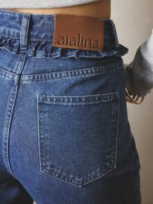 Aralina 女士休闲秋冬高腰喇叭牛仔裤，腰部有荷叶边，非常适合外出穿着 - 藍色 - 查看 5