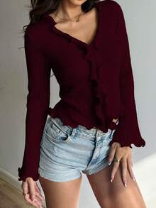 Flirla 白色波浪荷叶边休闲修身女式针织上衣 - 酒紅色 - 查看 4