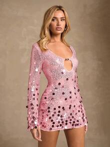 Glamine 女士优雅复古闪亮珍珠吊带裙 - 杏色 - 查看 1