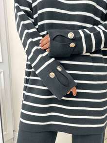 EURMUSE Women Stripe Pattern Round Neck Drop Shoulder Pullover & Sweater Pants Set,Petite Co Ord,Co Ord,Petite,Winter Clothes - Dark Grey - View 3