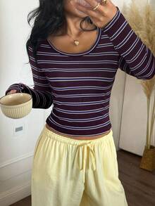 SHEIN EZwear 大码女式条纹圆领长袖休闲家居服T恤 - 彩色 - 查看 1