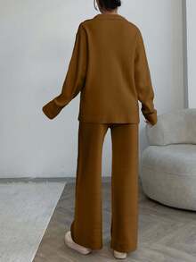 EURMUSE Women Solid Color Collar Neck Front Button Pocket Detailed Pullover & Sweater Pants Set,Petite,Winter Clothes - Brown - View 3
