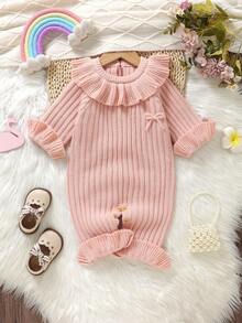 Pelele de suéter para bebé niña, con cuello y bajo con volantes, decorado con lazo 3D de manga larga, pelele de punto rosa para bebé niña, conjunto de punto rosa para bebé niña, pelele de volantes rosa con lazo para bebé, ropa de bebé melocotón, pelele rosa para bebé niña, conjunto de punto para bebé niña, suéter de bebé niña, ropa de bebé neutra recién nacida, pelele casual de bebé, ropa de bebé cálida de 0 a 3 meses para niña en invierno - Rosa Pálido - Ver 8